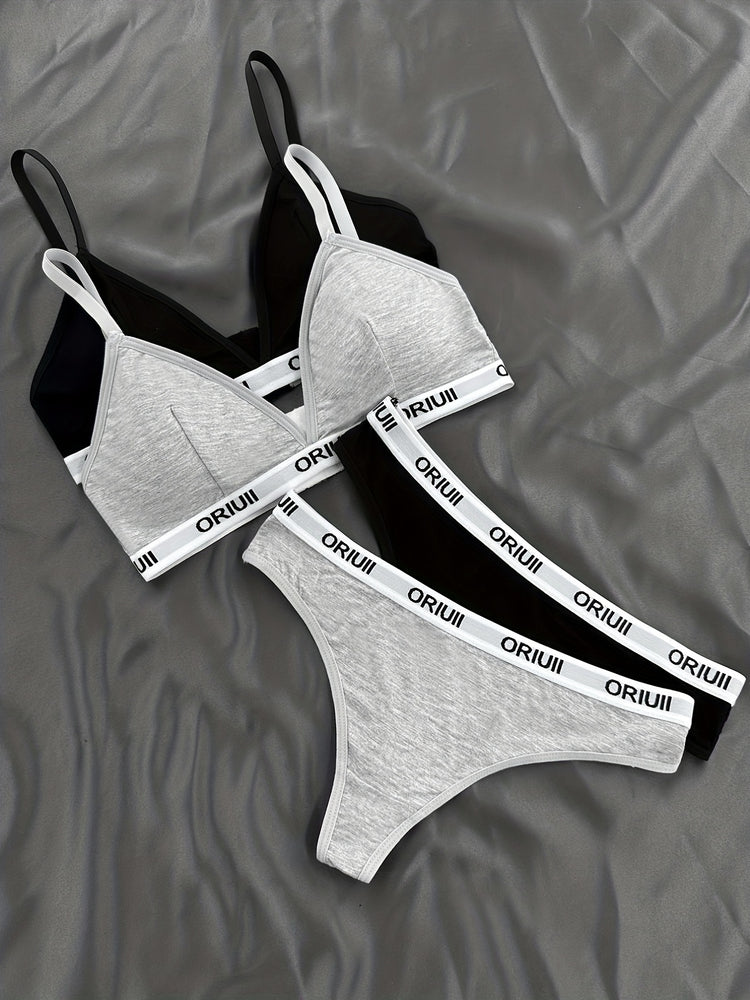 2 Sets Letter Print Bra & Panties, Wireless Sports Bra & Elastic Thong Lingerie Set, Women&