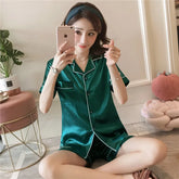 Women Ice Silk Pajamas Korean Version of the Lapel Cardigan Ladies Comfortable Sleepwear Two-Piece Set Soft Casual Nightwear - Lena & Miles Exquisite Boutique LLC.