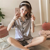 Women Ice Silk Pajamas Korean Version of the Lapel Cardigan Ladies Comfortable Sleepwear Two-Piece Set Soft Casual Nightwear - Lena & Miles Exquisite Boutique LLC.