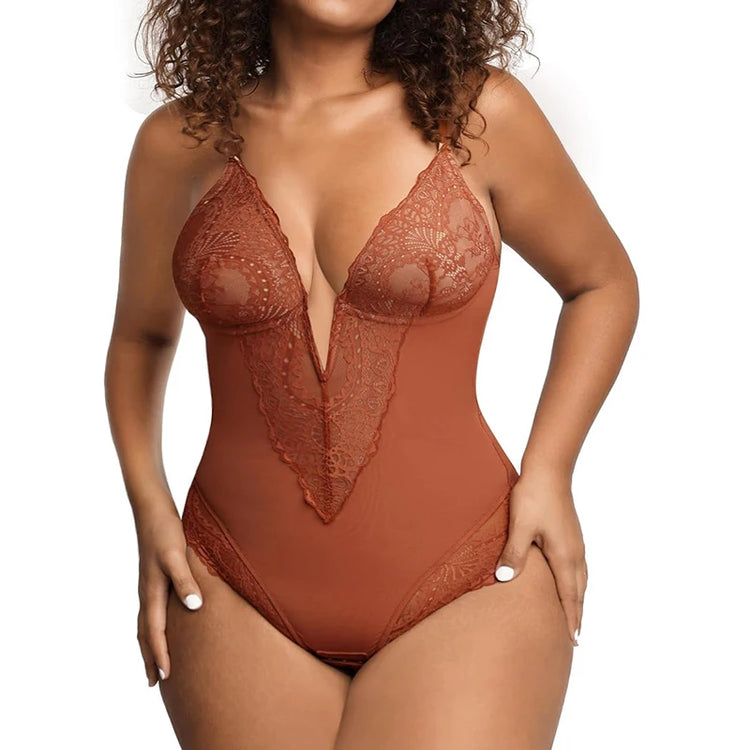 Dimmkof Lace Hem Low V Neck Thong - Lena & Miles Exquisite Boutique LLC.