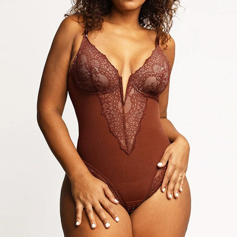 Dimmkof Lace Hem Low V Neck Thong Sleeveles - Lena & Miles Exquisite Boutique LLC.