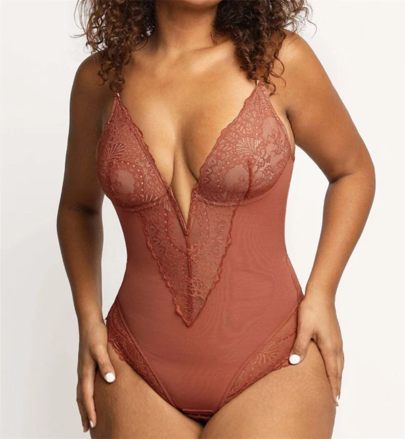 Dimmkof Lace Hem Low V Neck Thong Sleeveles - Lena & Miles Exquisite Boutique LLC.