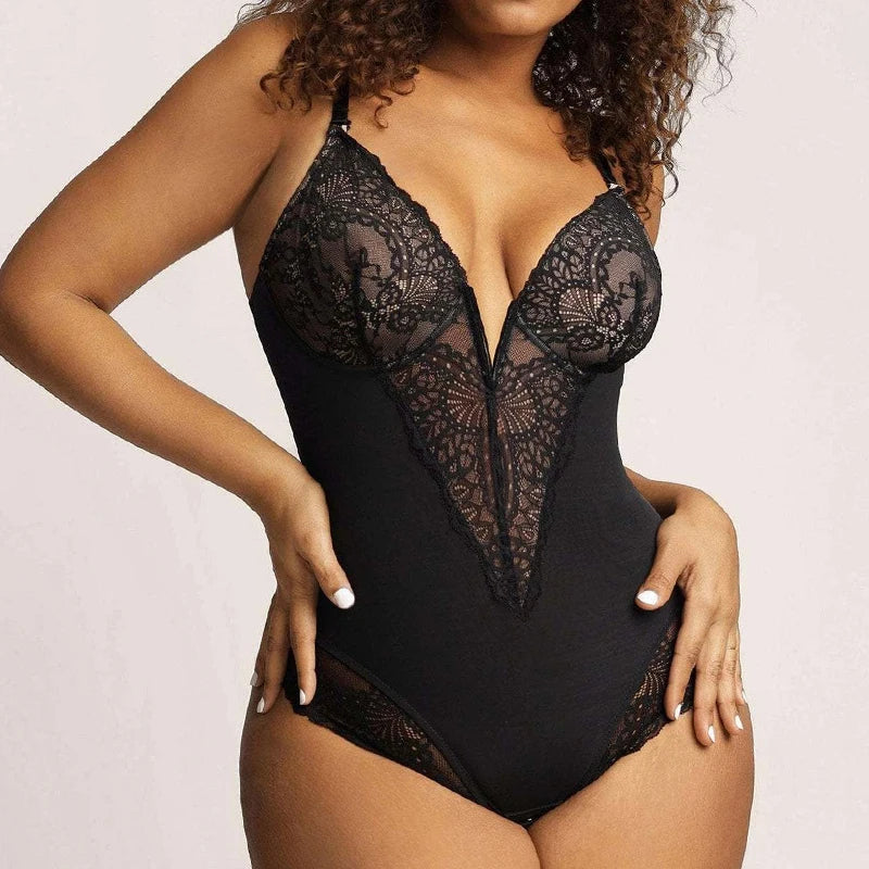 Dimmkof Lace Hem Low V Neck Thong Sleeveles - Lena & Miles Exquisite Boutique LLC.