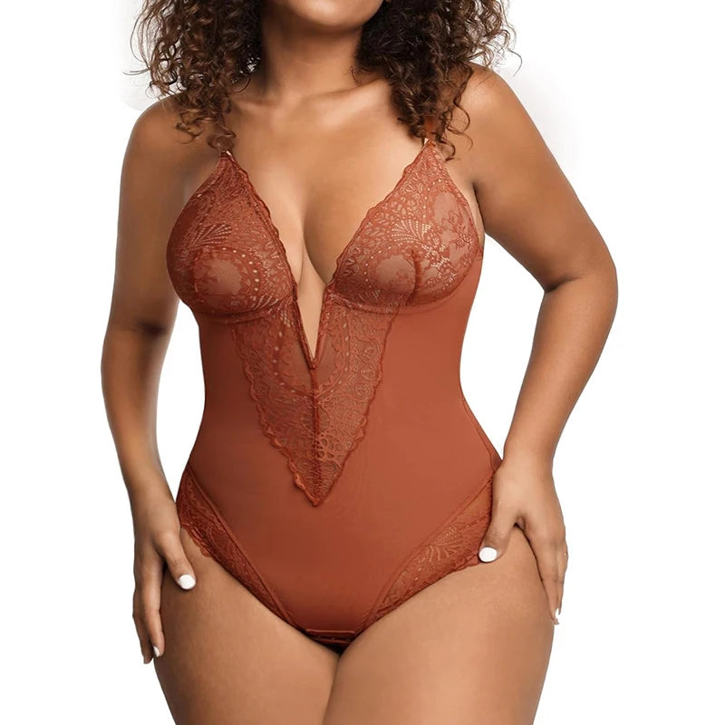 Dimmkof Lace Hem Low V Neck Thong Sleeveles - Lena & Miles Exquisite Boutique LLC.