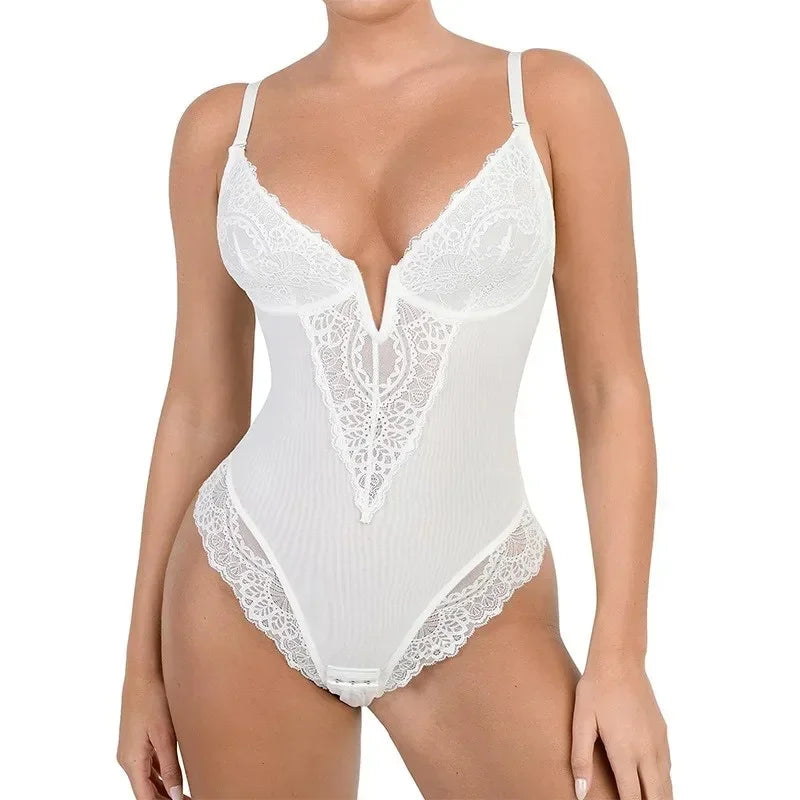 Dimmkof Lace Hem Low V Neck Thong Sleeveles - Lena & Miles Exquisite Boutique LLC.
