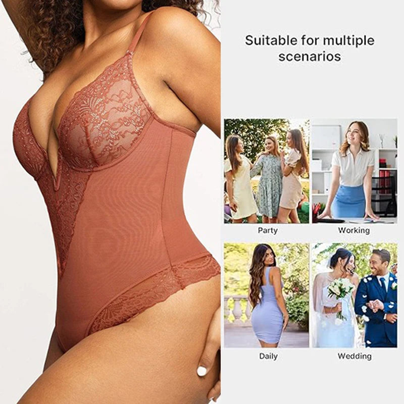 Dimmkof Lace Hem Low V Neck Thong Sleeveles - Lena & Miles Exquisite Boutique LLC.