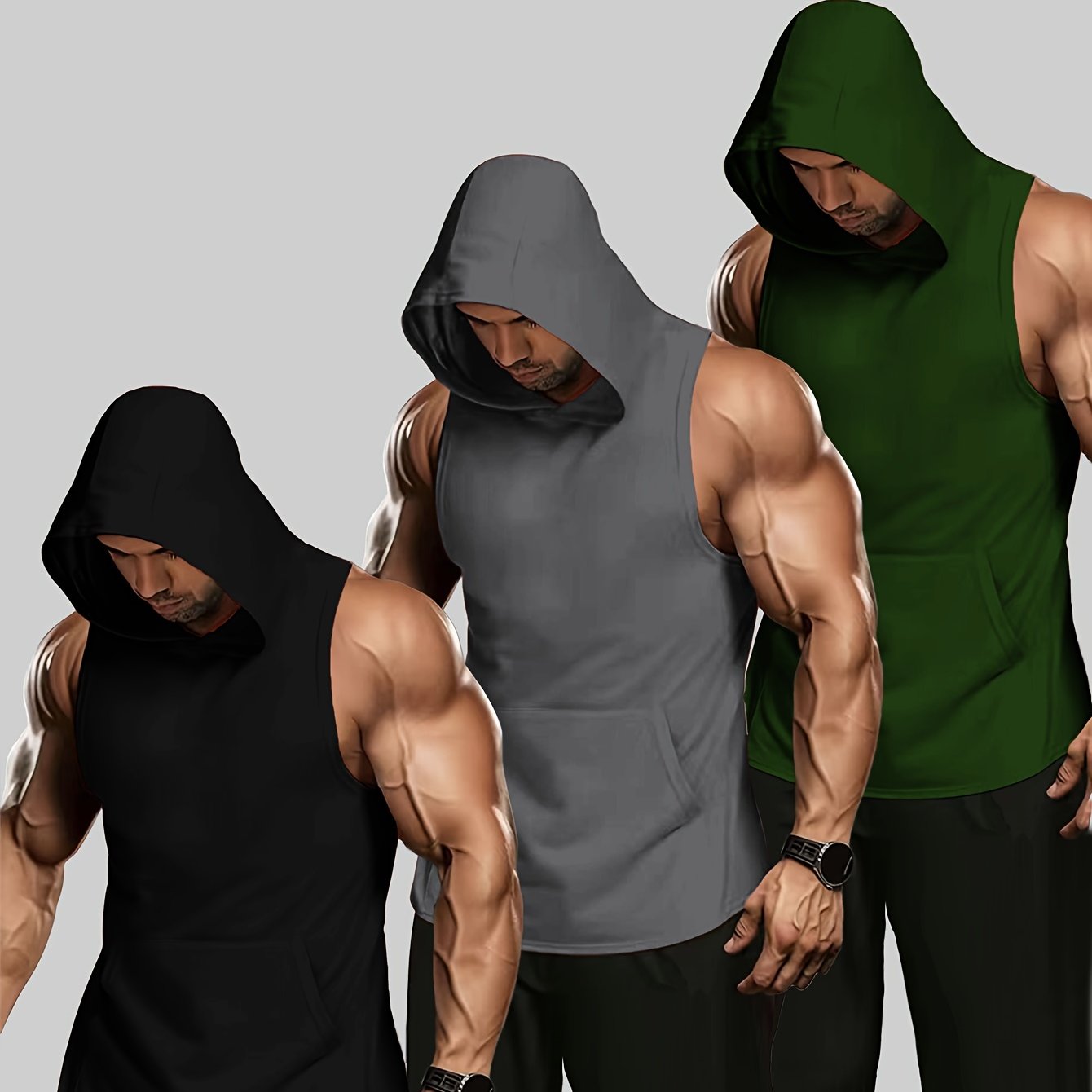 3Pcs Tanktop Set, Solid Men&