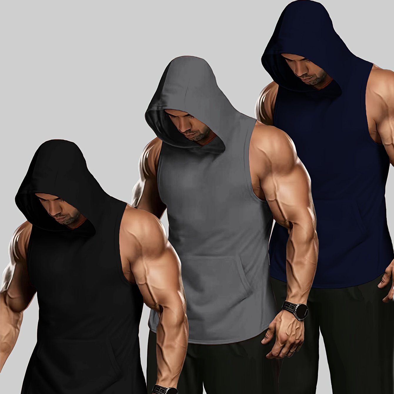 3Pcs Tanktop Set, Solid Men&
