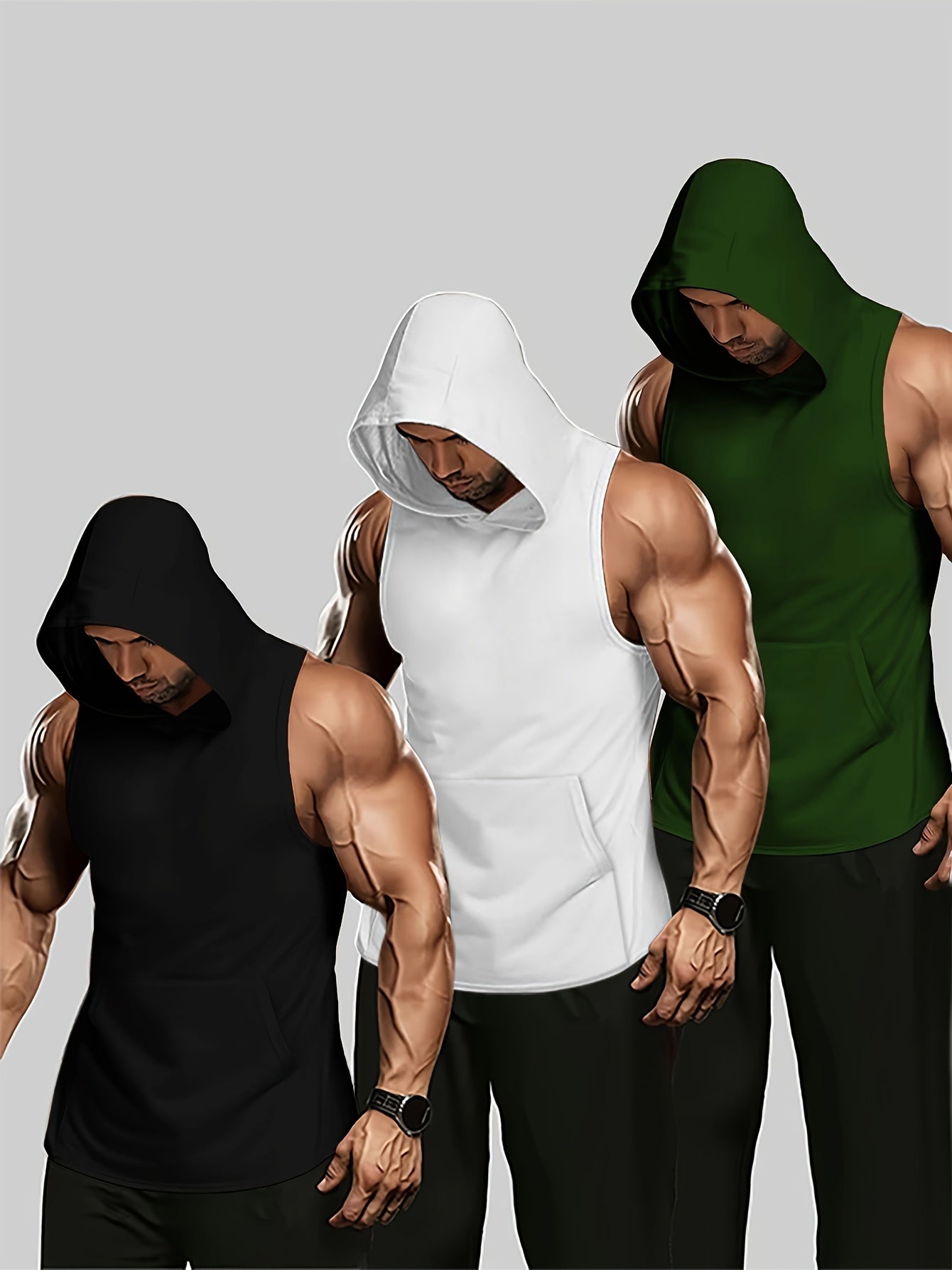 3Pcs Tanktop Set, Solid Men&