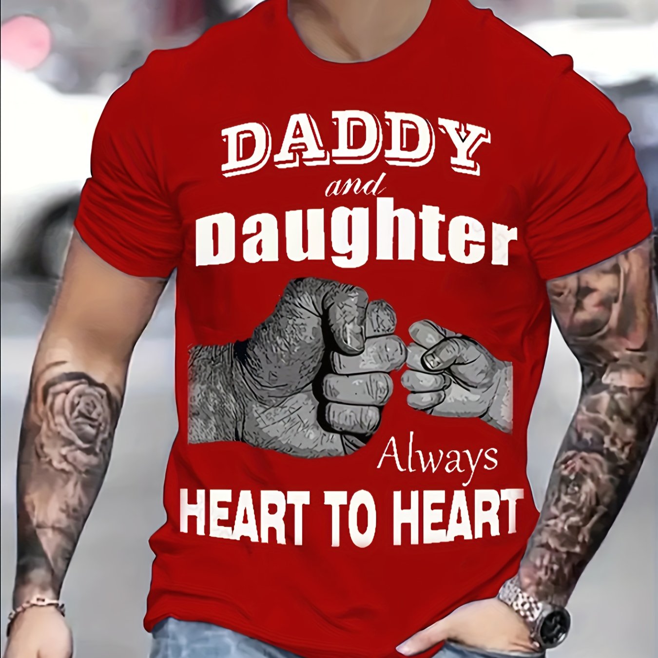 ''DADDY AND DAUGHTER ALWAYS HEART TO HEART'' Pattern Print Men's Short Sleeve Comfy T-shirt, Graphic Tee Men's Summer Clothes, Men's Clothing, Father's Day Gift - Lena & Miles Exquisite Boutique LLC.
