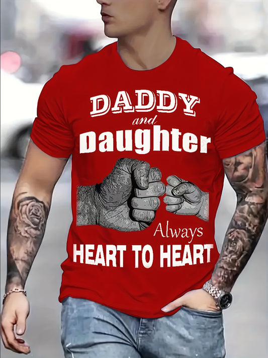 ''DADDY AND DAUGHTER ALWAYS HEART TO HEART'' Pattern Print Men's Short Sleeve Comfy T-shirt, Graphic Tee Men's Summer Clothes, Men's Clothing, Father's Day Gift - Lena & Miles Exquisite Boutique LLC.