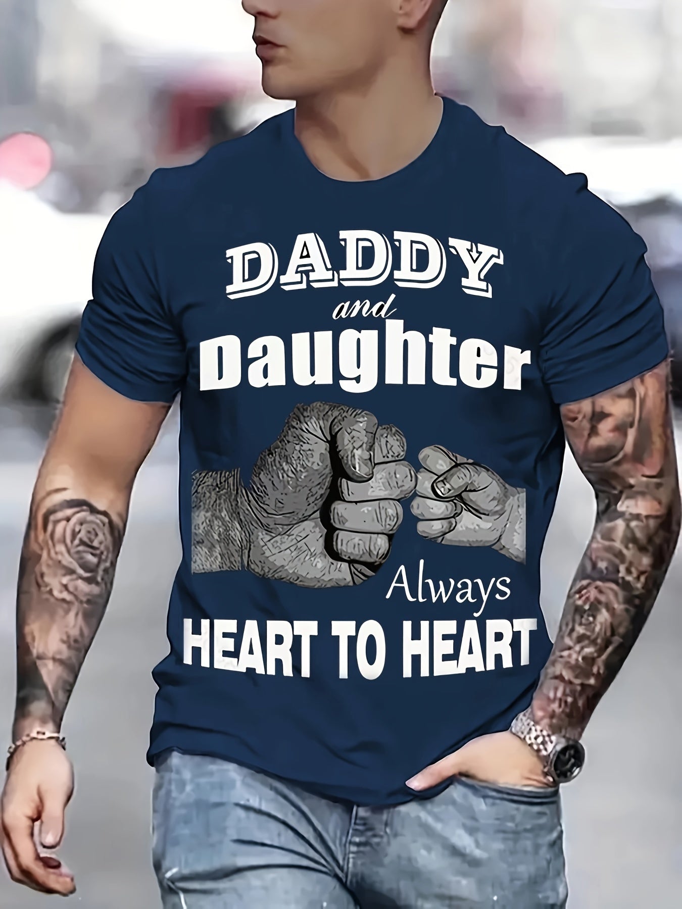 ''DADDY AND DAUGHTER ALWAYS HEART TO HEART'' Pattern Print Men's Short Sleeve Comfy T-shirt, Graphic Tee Men's Summer Clothes, Men's Clothing, Father's Day Gift - Lena & Miles Exquisite Boutique LLC.