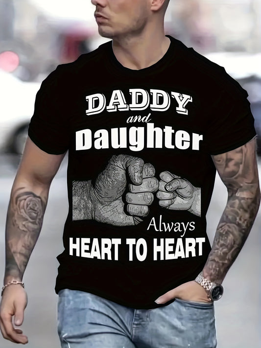 ''DADDY AND DAUGHTER ALWAYS HEART TO HEART'' Pattern Print Men's Short Sleeve Comfy T-shirt, Graphic Tee Men's Summer Clothes, Men's Clothing, Father's Day Gift - Lena & Miles Exquisite Boutique LLC.