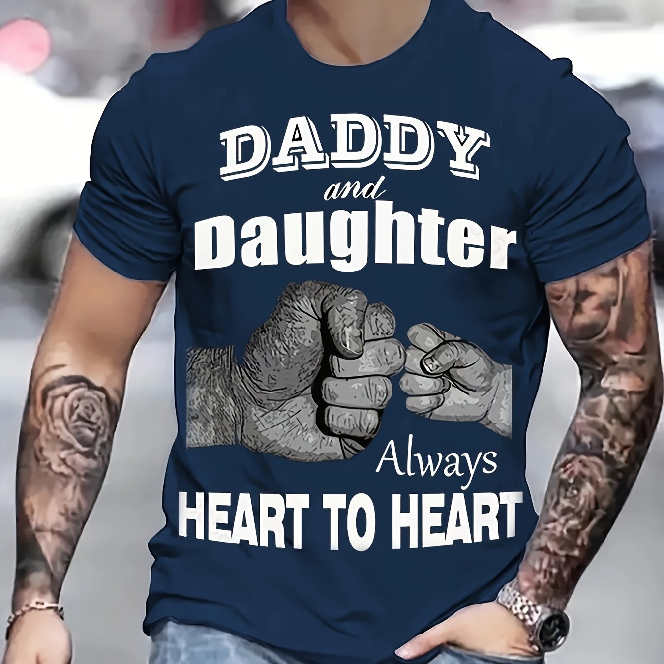 ''DADDY AND DAUGHTER ALWAYS HEART TO HEART'' Pattern Print Men's Short Sleeve Comfy T-shirt, Graphic Tee Men's Summer Clothes, Men's Clothing, Father's Day Gift - Lena & Miles Exquisite Boutique LLC.
