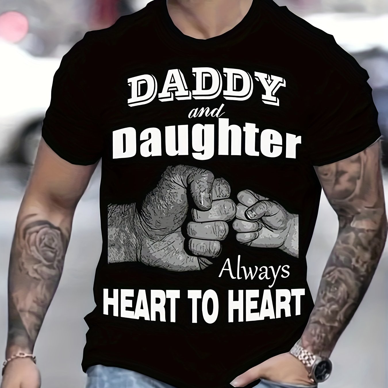 ''DADDY AND DAUGHTER ALWAYS HEART TO HEART'' Pattern Print Men's Short Sleeve Comfy T-shirt, Graphic Tee Men's Summer Clothes, Men's Clothing, Father's Day Gift - Lena & Miles Exquisite Boutique LLC.