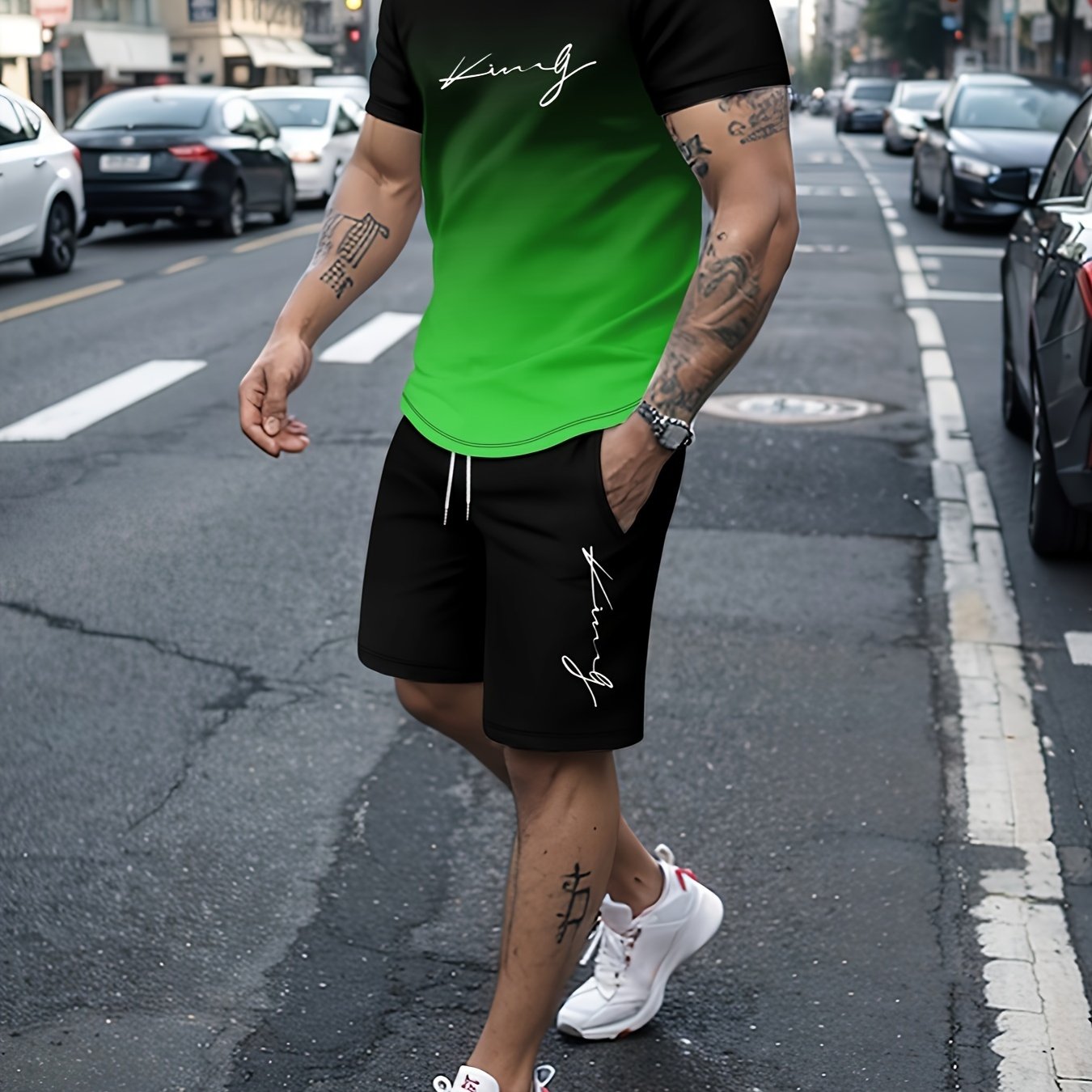 Ombre 2Pcs Trendy Outfits For Men, Casual Crew Neck Short Sleeve T-shirt And Drawstring Shorts Set For Summer, Men&