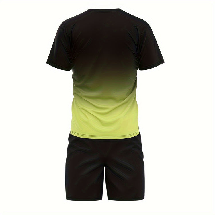 Ombre 2Pcs Trendy Outfits For Men, Casual Crew Neck Short Sleeve T-shirt And Drawstring Shorts Set For Summer, Men&