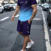 Ombre 2Pcs Trendy Outfits For Men, Casual Crew Neck Short Sleeve T-shirt And Drawstring Shorts Set For Summer, Men&
