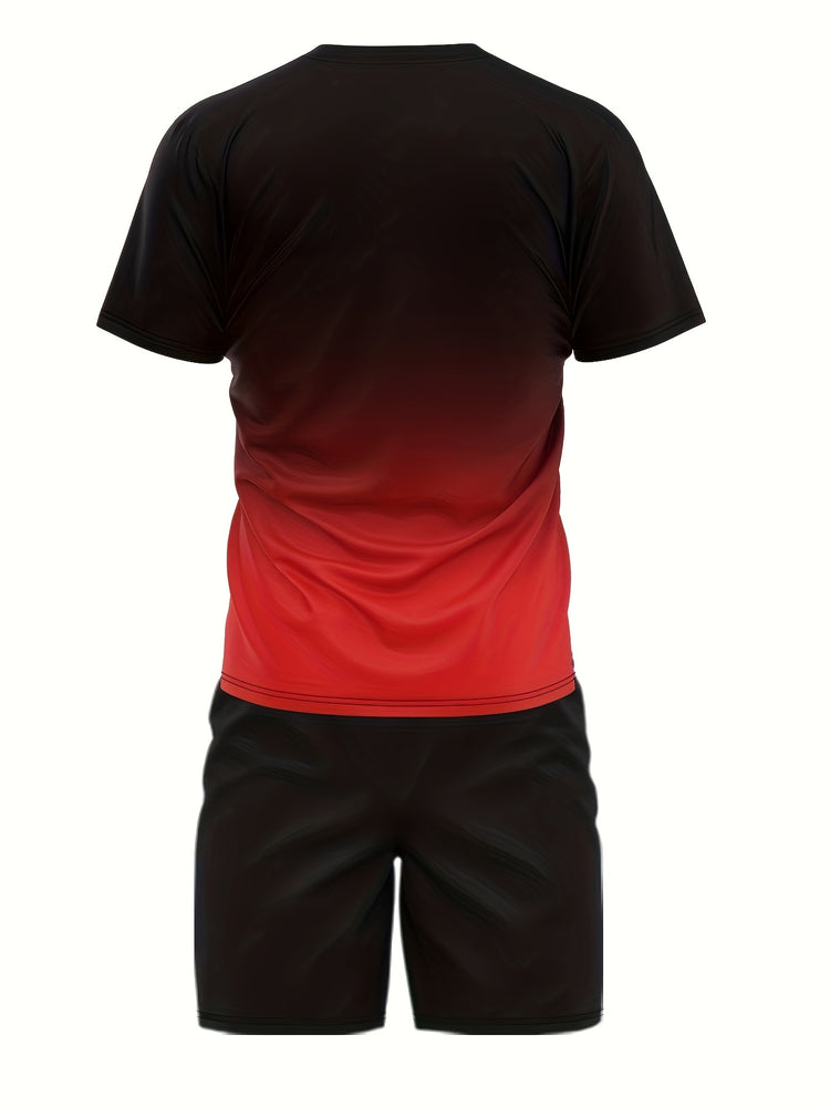 Ombre 2Pcs Trendy Outfits For Men, Casual Crew Neck Short Sleeve T-shirt And Drawstring Shorts Set For Summer, Men&