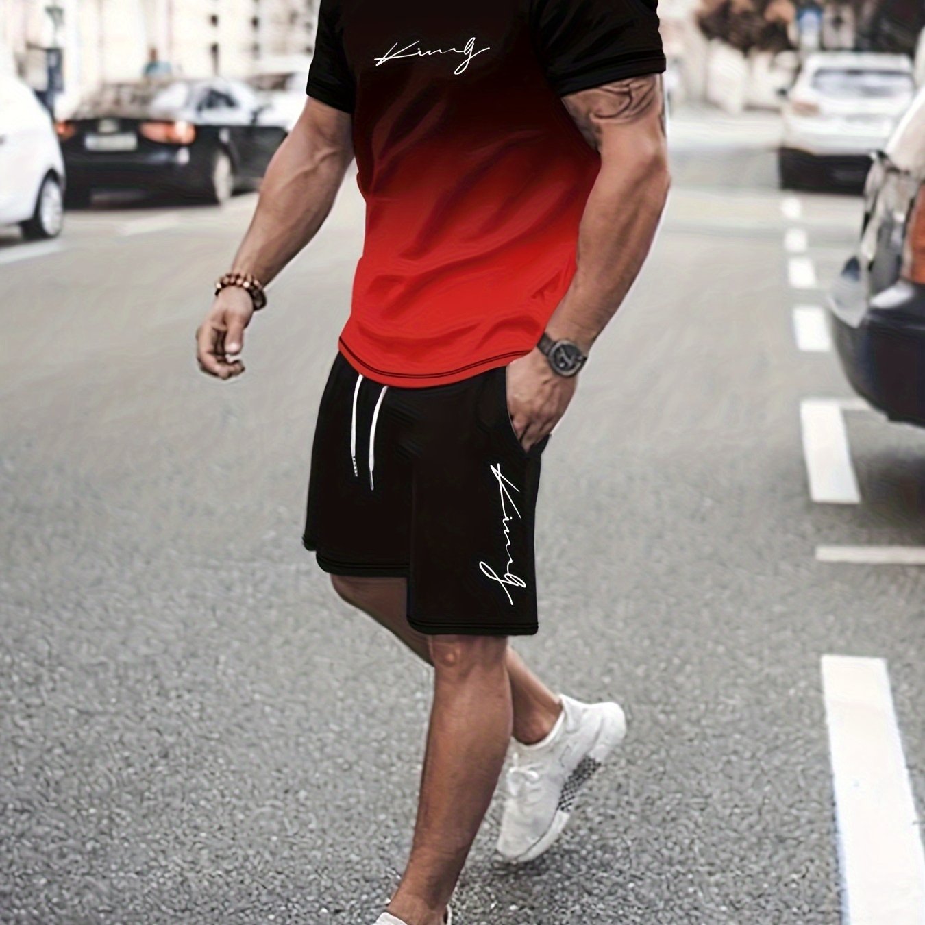 Ombre 2Pcs Trendy Outfits For Men, Casual Crew Neck Short Sleeve T-shirt And Drawstring Shorts Set For Summer, Men&