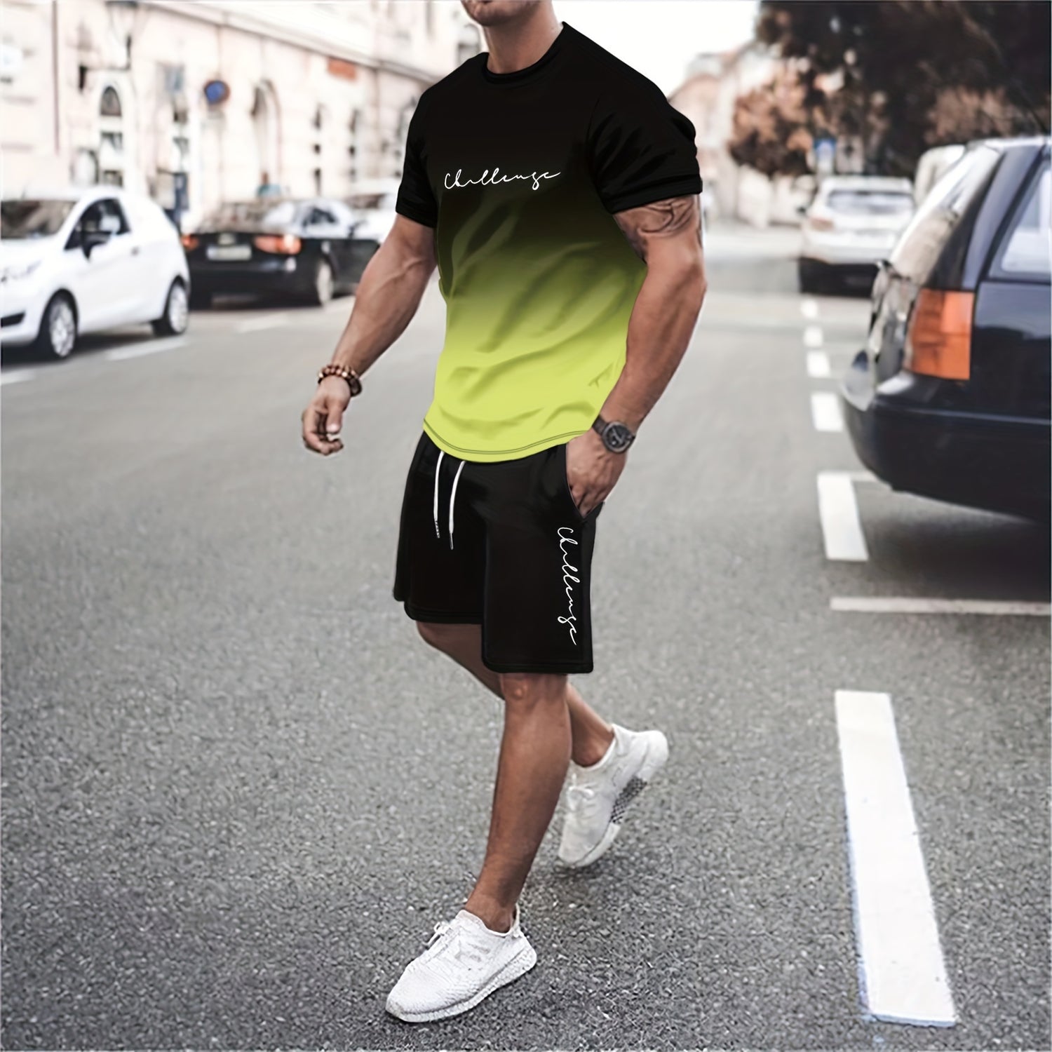 Ombre 2Pcs Trendy Outfits For Men, Casual Crew Neck Short Sleeve T-shirt And Drawstring Shorts Set For Summer, Men&