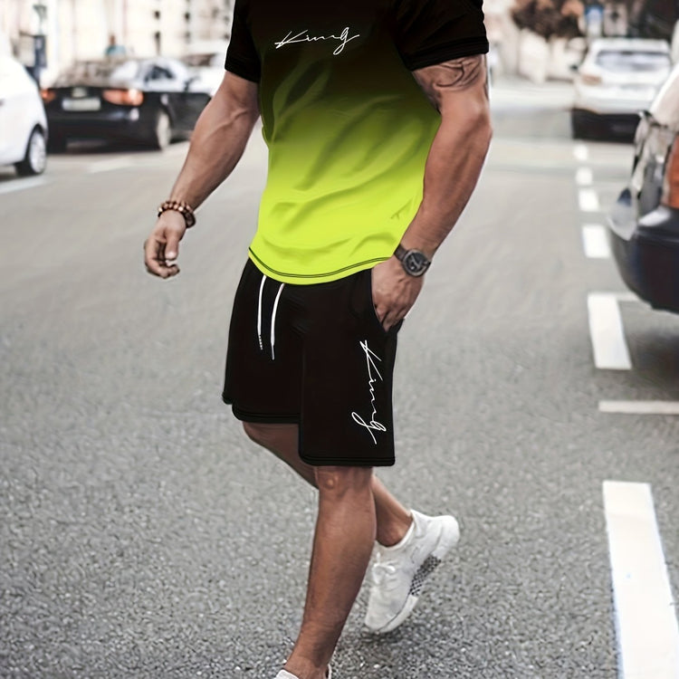 Ombre 2Pcs Trendy Outfits For Men, Casual Crew Neck Short Sleeve T-shirt And Drawstring Shorts Set For Summer, Men&