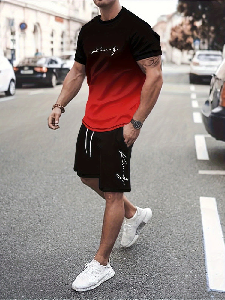 Ombre 2Pcs Trendy Outfits For Men, Casual Crew Neck Short Sleeve T-shirt And Drawstring Shorts Set For Summer, Men&