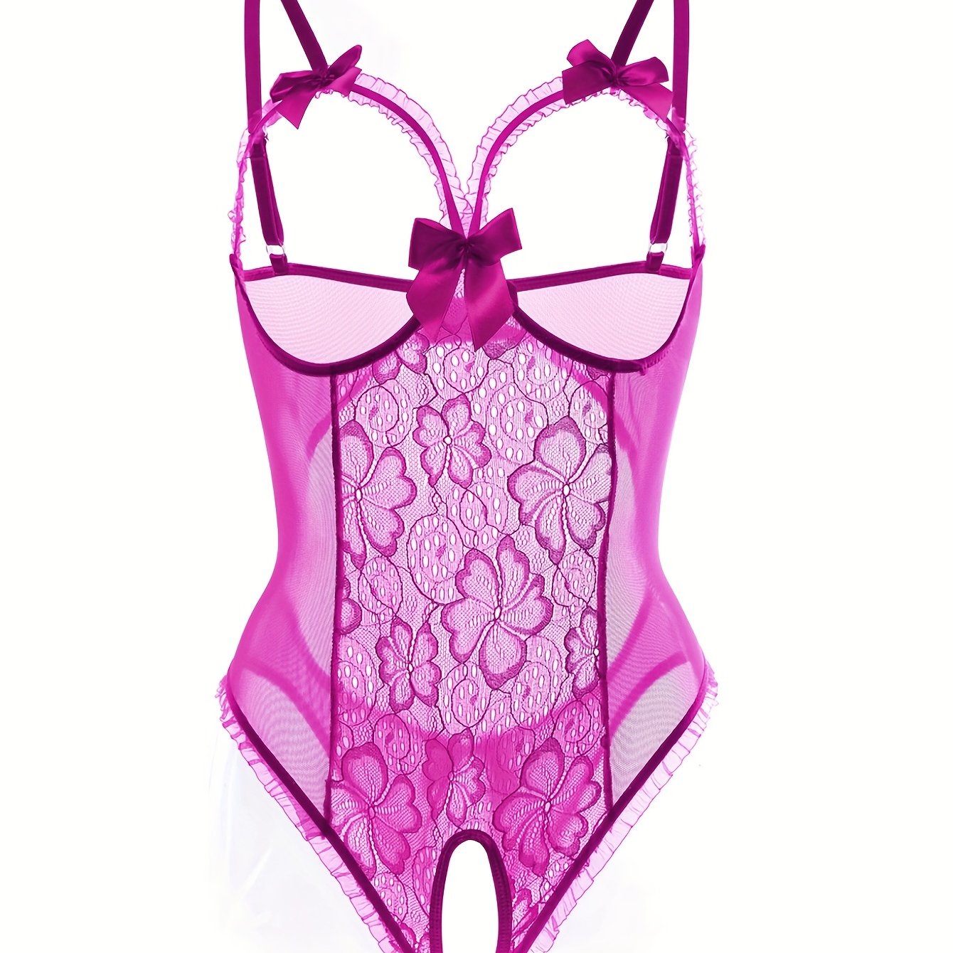 Seductive Floral Lace Ruffle Bodysuit - Sheer Open Bust Mesh Teddy with Intricate Hollow Out & Bow Accent - Intimate Open Crotch, Feminine Lingerie for Women - Lena & Miles Exquisite Boutique LLC.
