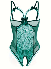 Seductive Floral Lace Ruffle Bodysuit - Sheer Open Bust Mesh Teddy with Intricate Hollow Out & Bow Accent - Intimate Open Crotch, Feminine Lingerie for Women - Lena & Miles Exquisite Boutique LLC.