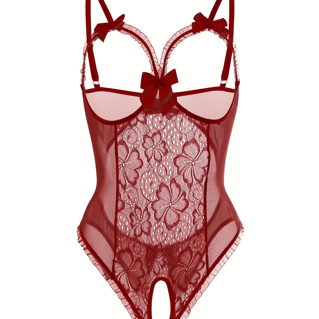 Seductive Floral Lace Ruffle Bodysuit - Sheer Open Bust Mesh Teddy with Intricate Hollow Out & Bow Accent - Intimate Open Crotch, Feminine Lingerie for Women - Lena & Miles Exquisite Boutique LLC.