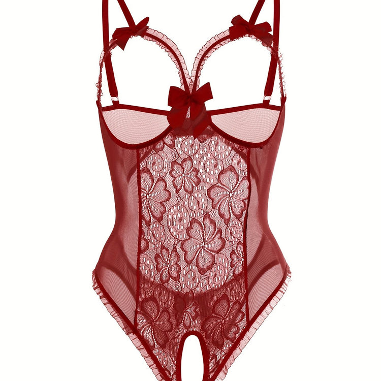 Seductive Floral Lace Ruffle Bodysuit - Sheer Open Bust Mesh Teddy with Intricate Hollow Out & Bow Accent - Intimate Open Crotch, Feminine Lingerie for Women - Lena & Miles Exquisite Boutique LLC.