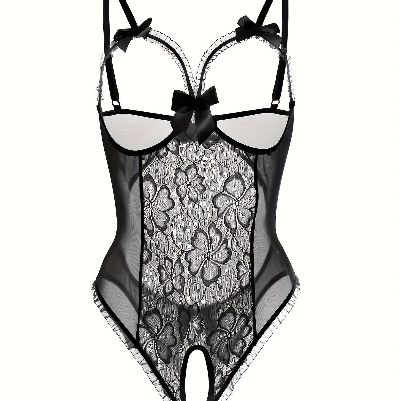 Seductive Floral Lace Ruffle Bodysuit - Sheer Open Bust Mesh Teddy with Intricate Hollow Out & Bow Accent - Intimate Open Crotch, Feminine Lingerie for Women - Lena & Miles Exquisite Boutique LLC.