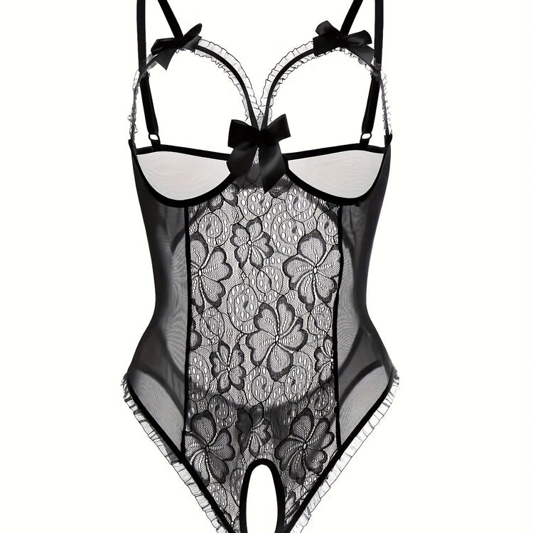 Seductive Floral Lace Ruffle Bodysuit - Sheer Open Bust Mesh Teddy with Intricate Hollow Out & Bow Accent - Intimate Open Crotch, Feminine Lingerie for Women - Lena & Miles Exquisite Boutique LLC.