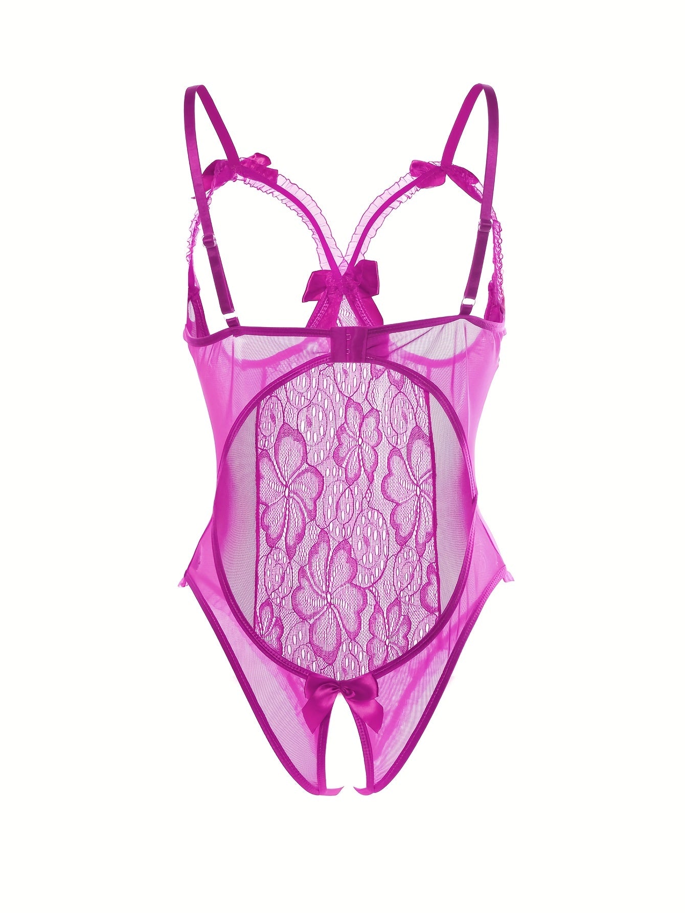 Seductive Floral Lace Ruffle Bodysuit - Sheer Open Bust Mesh Teddy with Intricate Hollow Out & Bow Accent - Intimate Open Crotch, Feminine Lingerie for Women - Lena & Miles Exquisite Boutique LLC.