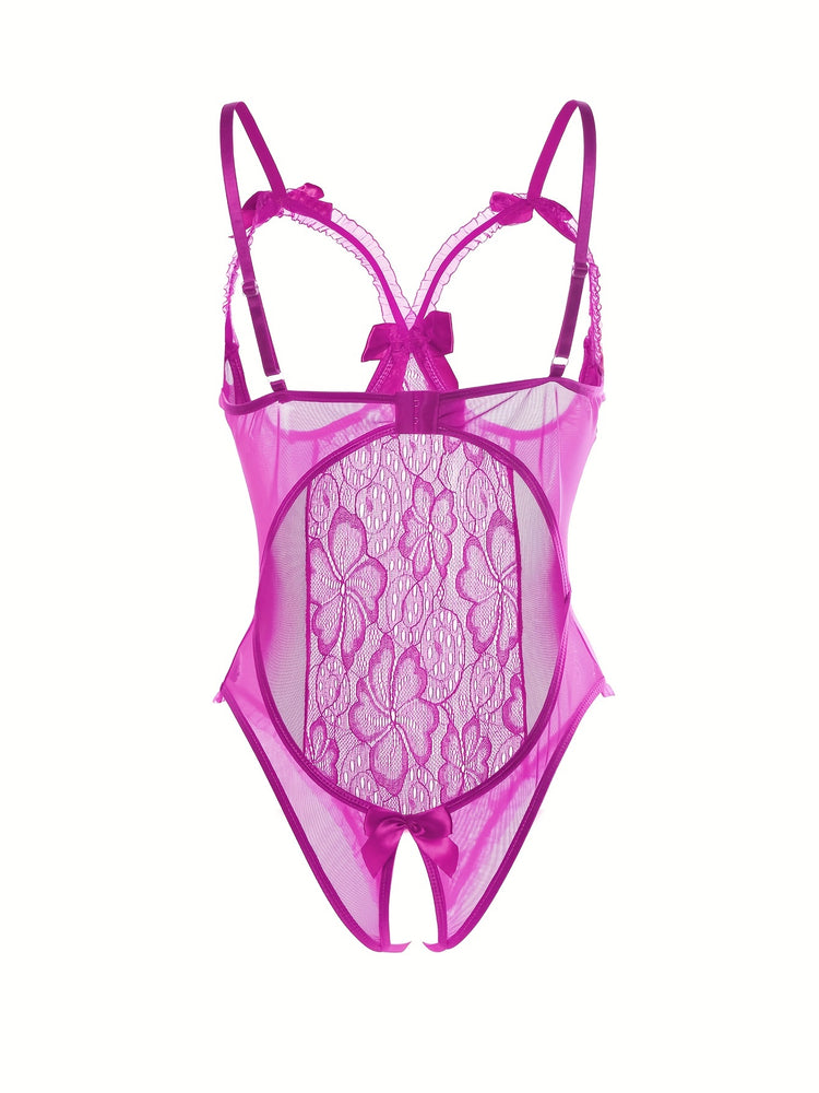 Seductive Floral Lace Ruffle Bodysuit - Sheer Open Bust Mesh Teddy with Intricate Hollow Out & Bow Accent - Intimate Open Crotch, Feminine Lingerie for Women - Lena & Miles Exquisite Boutique LLC.
