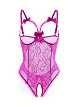 Seductive Floral Lace Ruffle Bodysuit - Sheer Open Bust Mesh Teddy with Intricate Hollow Out & Bow Accent - Intimate Open Crotch, Feminine Lingerie for Women - Lena & Miles Exquisite Boutique LLC.