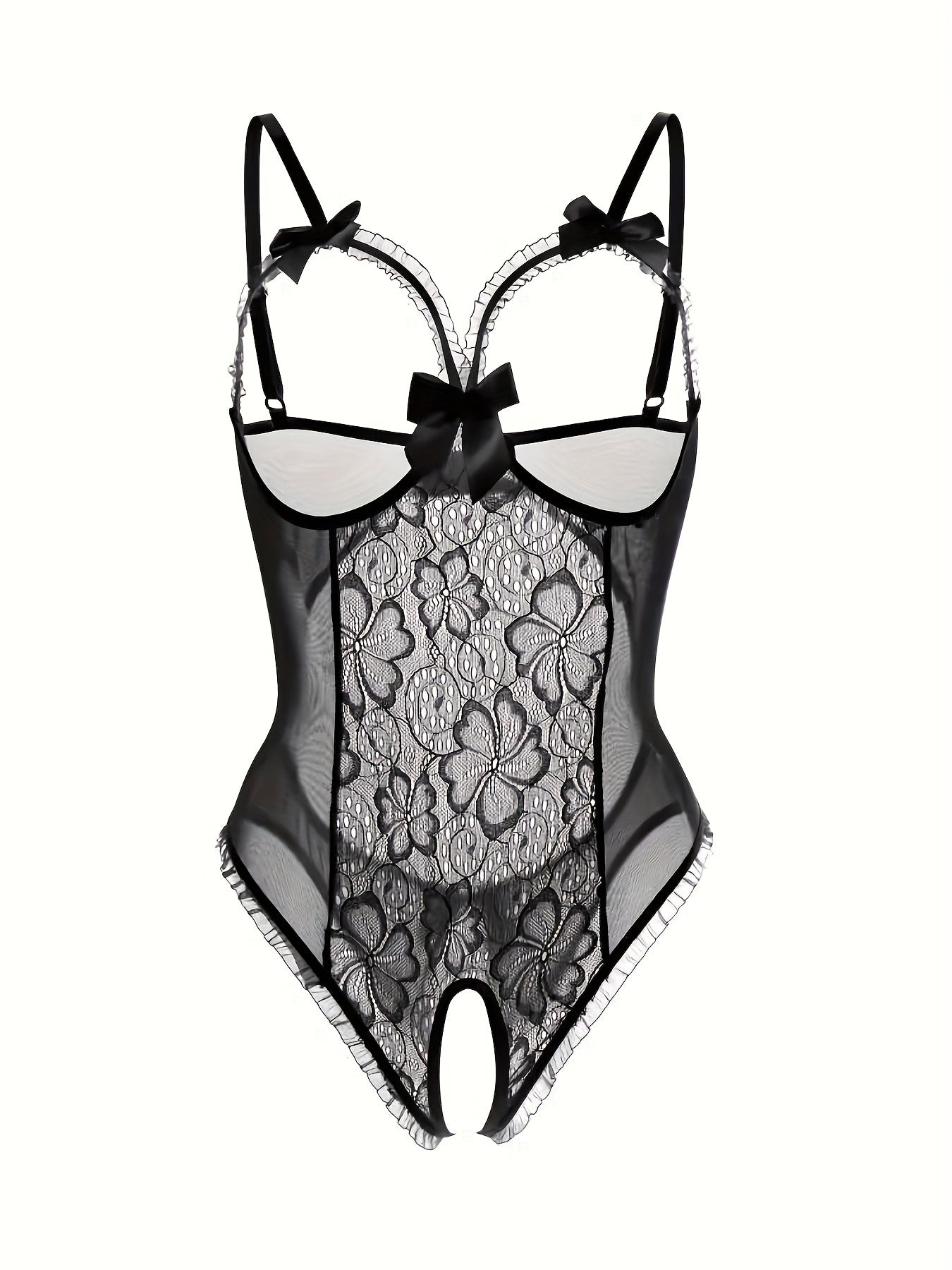 Seductive Floral Lace Ruffle Bodysuit - Sheer Open Bust Mesh Teddy with Intricate Hollow Out & Bow Accent - Intimate Open Crotch, Feminine Lingerie for Women - Lena & Miles Exquisite Boutique LLC.