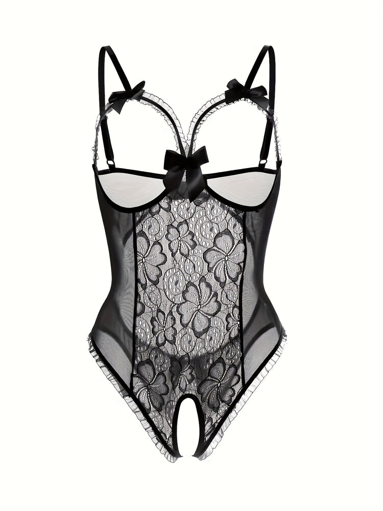 Seductive Floral Lace Ruffle Bodysuit - Sheer Open Bust Mesh Teddy with Intricate Hollow Out & Bow Accent - Intimate Open Crotch, Feminine Lingerie for Women - Lena & Miles Exquisite Boutique LLC.