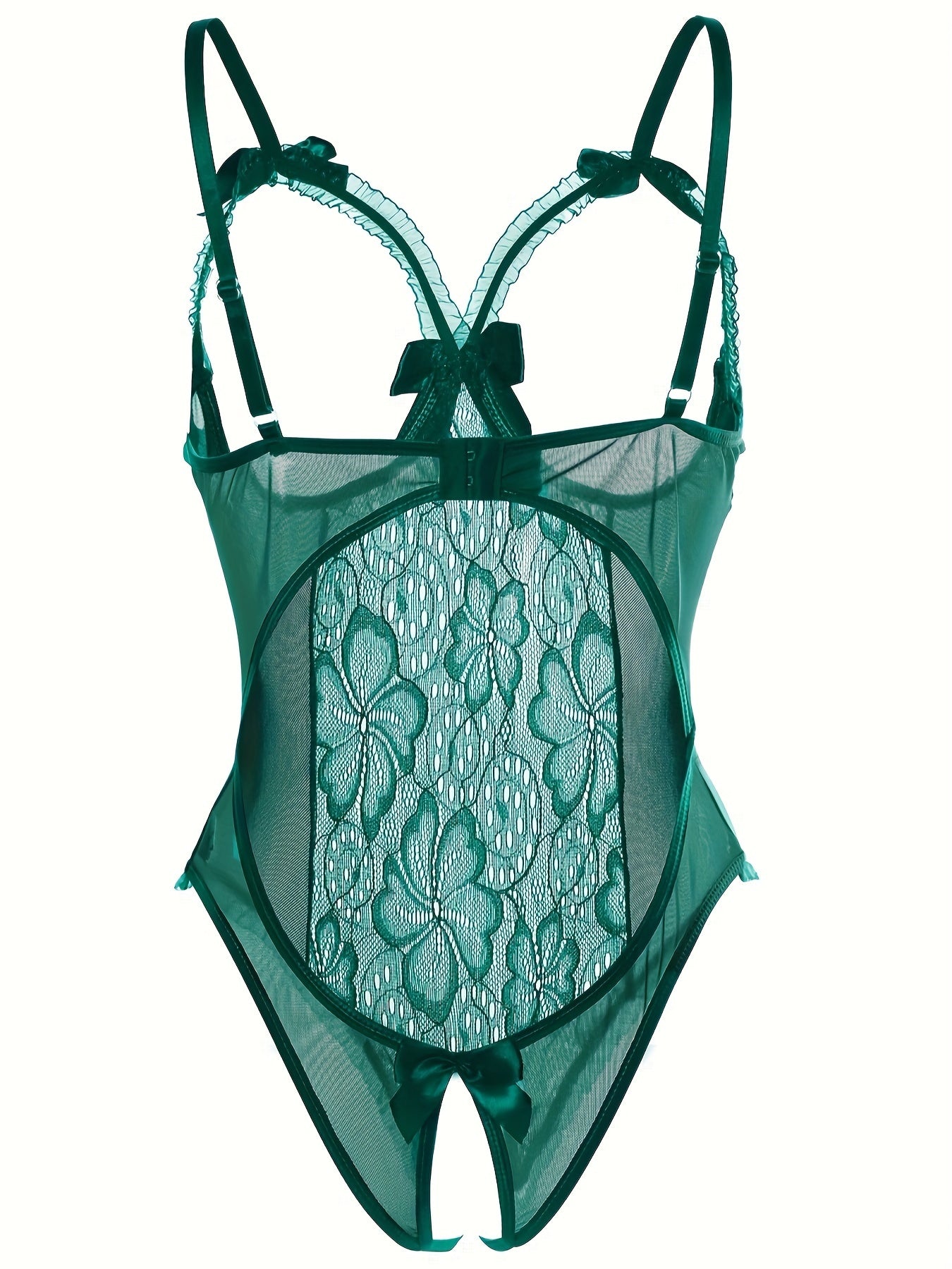 Seductive Floral Lace Ruffle Bodysuit - Sheer Open Bust Mesh Teddy with Intricate Hollow Out & Bow Accent - Intimate Open Crotch, Feminine Lingerie for Women - Lena & Miles Exquisite Boutique LLC.