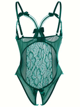 Seductive Floral Lace Ruffle Bodysuit - Sheer Open Bust Mesh Teddy with Intricate Hollow Out & Bow Accent - Intimate Open Crotch, Feminine Lingerie for Women - Lena & Miles Exquisite Boutique LLC.