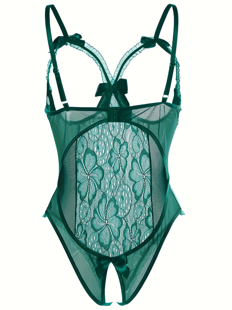 Seductive Floral Lace Ruffle Bodysuit - Sheer Open Bust Mesh Teddy with Intricate Hollow Out & Bow Accent - Intimate Open Crotch, Feminine Lingerie for Women - Lena & Miles Exquisite Boutique LLC.