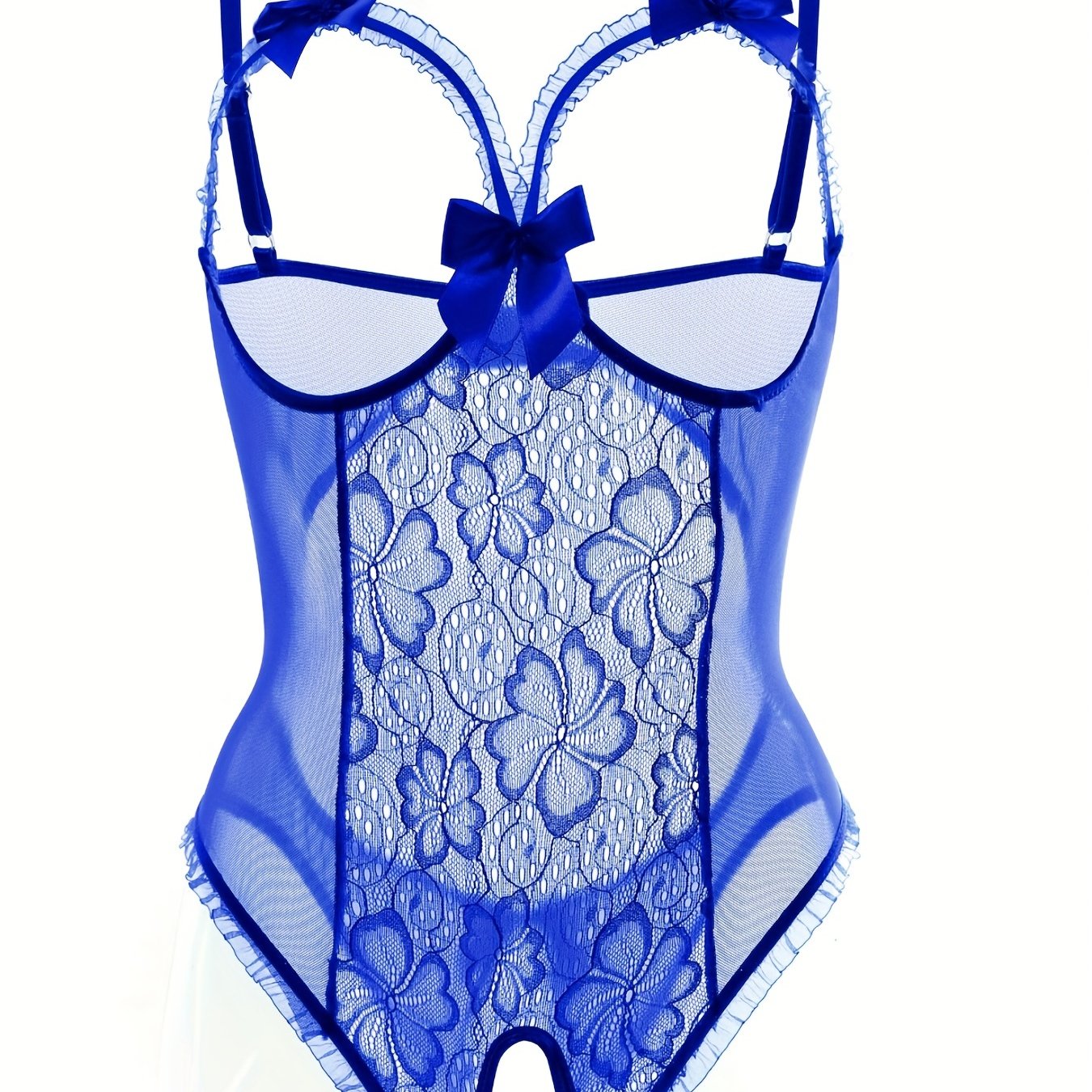 Seductive Floral Lace Ruffle Bodysuit - Sheer Open Bust Mesh Teddy with Intricate Hollow Out & Bow Accent - Intimate Open Crotch, Feminine Lingerie for Women - Lena & Miles Exquisite Boutique LLC.