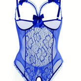 Seductive Floral Lace Ruffle Bodysuit - Sheer Open Bust Mesh Teddy with Intricate Hollow Out & Bow Accent - Intimate Open Crotch, Feminine Lingerie for Women - Lena & Miles Exquisite Boutique LLC.