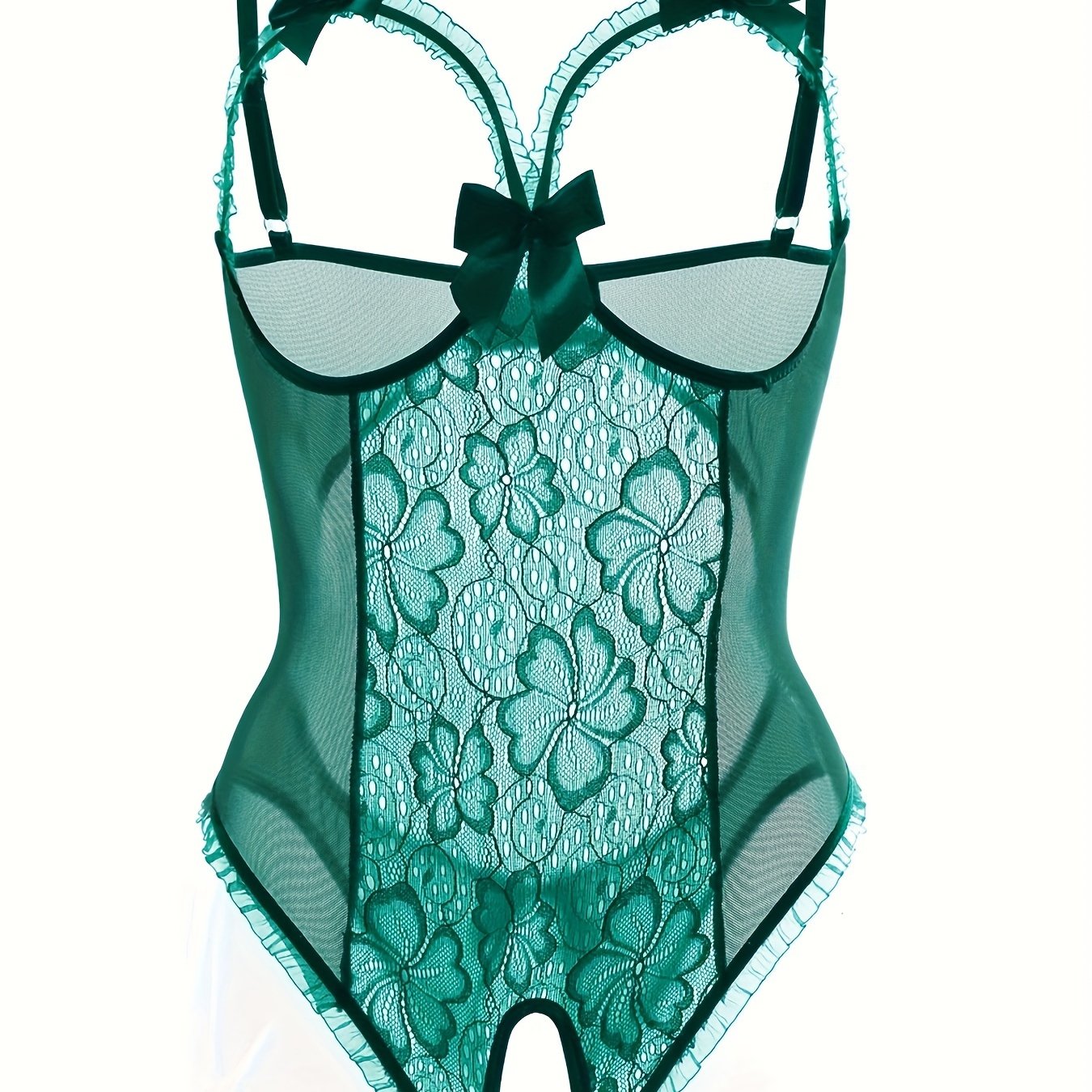 Seductive Floral Lace Ruffle Bodysuit - Sheer Open Bust Mesh Teddy with Intricate Hollow Out & Bow Accent - Intimate Open Crotch, Feminine Lingerie for Women - Lena & Miles Exquisite Boutique LLC.