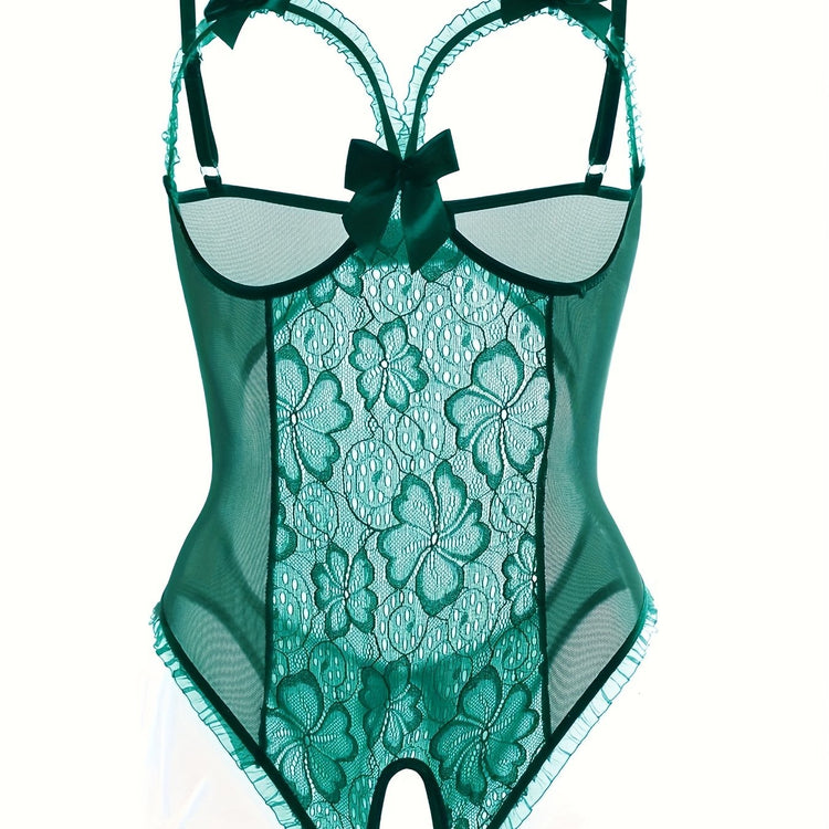 Seductive Floral Lace Ruffle Bodysuit - Sheer Open Bust Mesh Teddy with Intricate Hollow Out & Bow Accent - Intimate Open Crotch, Feminine Lingerie for Women - Lena & Miles Exquisite Boutique LLC.