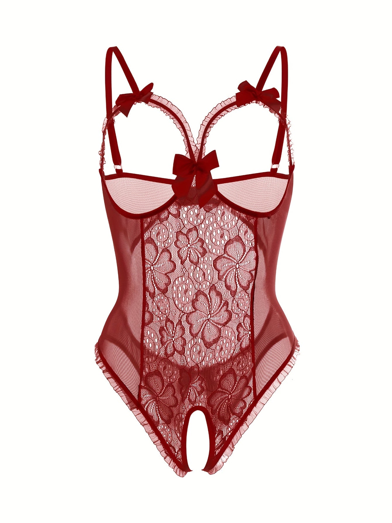 Seductive Floral Lace Ruffle Bodysuit - Sheer Open Bust Mesh Teddy with Intricate Hollow Out & Bow Accent - Intimate Open Crotch, Feminine Lingerie for Women - Lena & Miles Exquisite Boutique LLC.