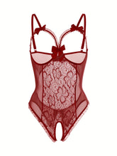 Seductive Floral Lace Ruffle Bodysuit - Sheer Open Bust Mesh Teddy with Intricate Hollow Out & Bow Accent - Intimate Open Crotch, Feminine Lingerie for Women - Lena & Miles Exquisite Boutique LLC.