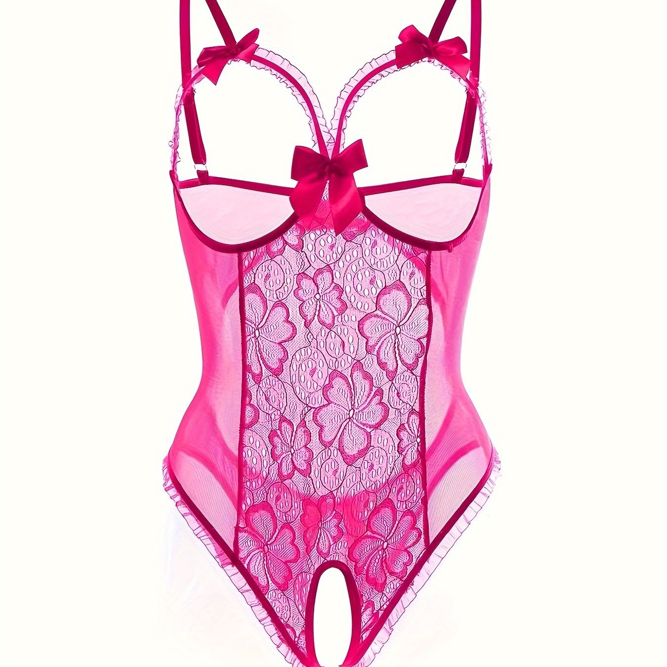 Seductive Floral Lace Ruffle Bodysuit - Sheer Open Bust Mesh Teddy with Intricate Hollow Out & Bow Accent - Intimate Open Crotch, Feminine Lingerie for Women - Lena & Miles Exquisite Boutique LLC.