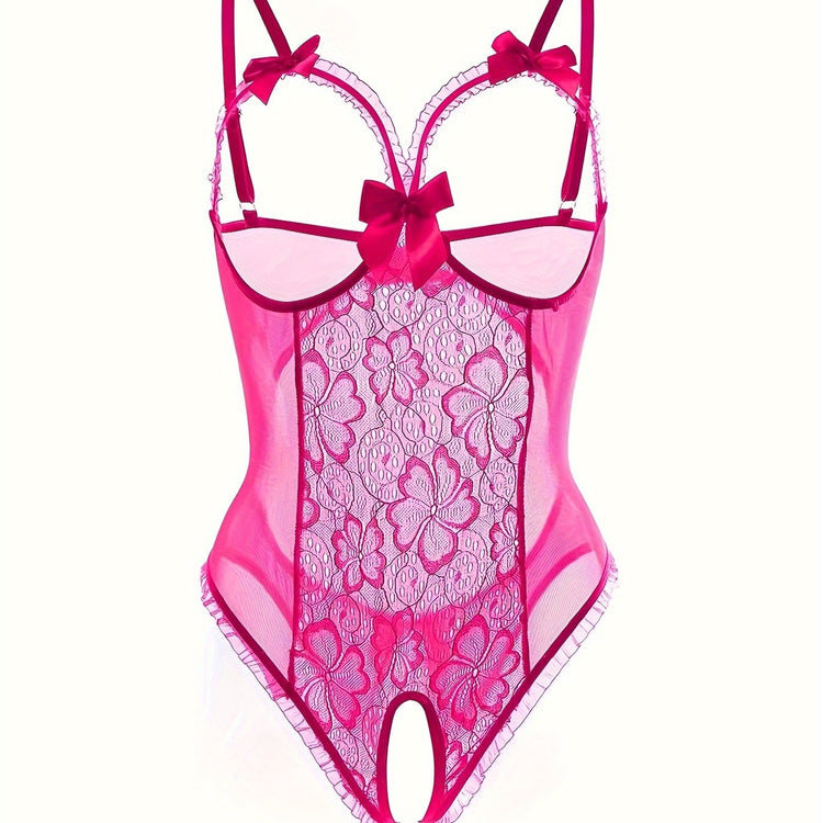 Seductive Floral Lace Ruffle Bodysuit - Sheer Open Bust Mesh Teddy with Intricate Hollow Out & Bow Accent - Intimate Open Crotch, Feminine Lingerie for Women - Lena & Miles Exquisite Boutique LLC.