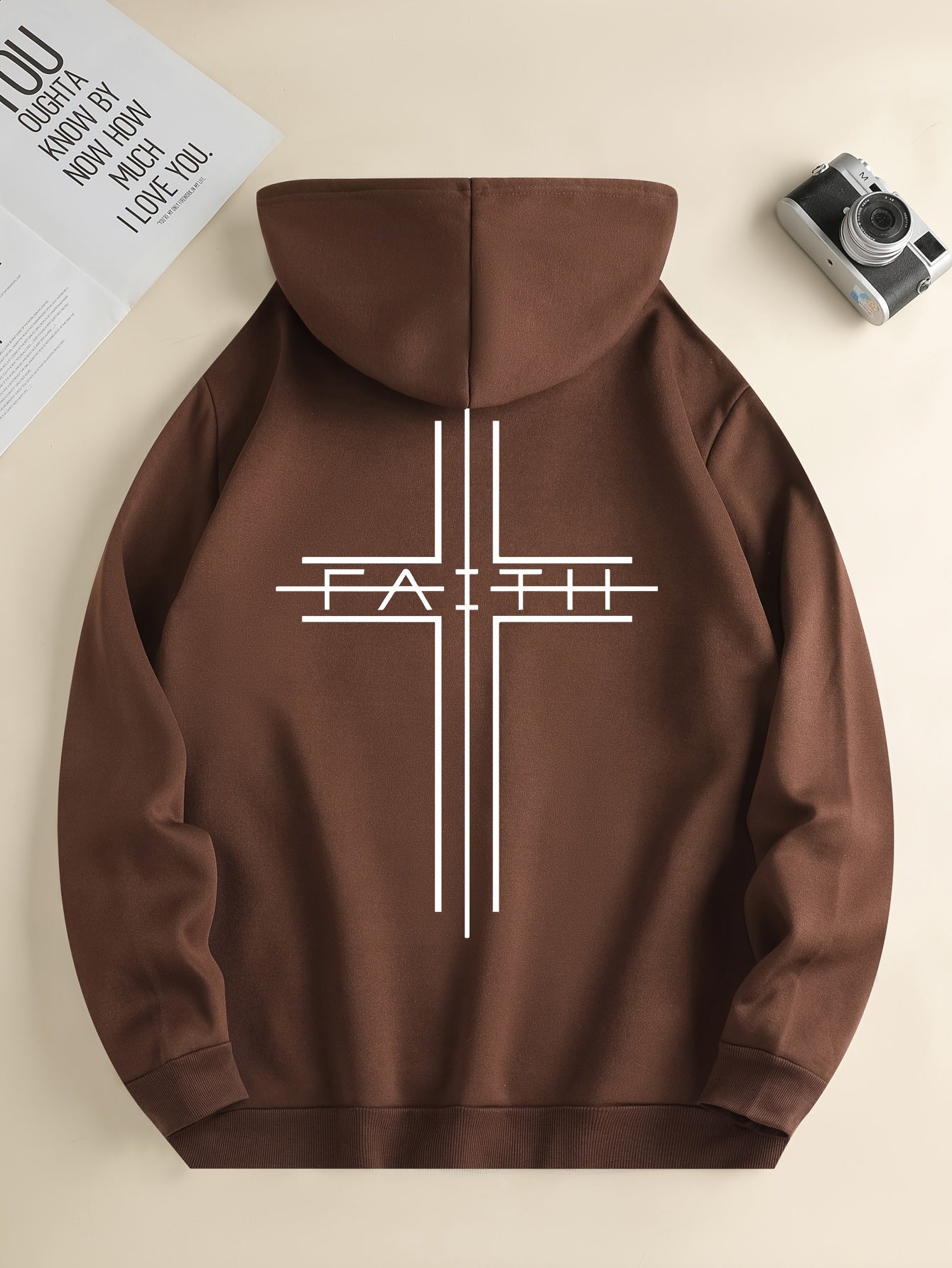 FAITH Print Kangaroo Pocket Hoodie, Casual Long Sleeve Drawstring Hoodies Sweatshirt, Men&
